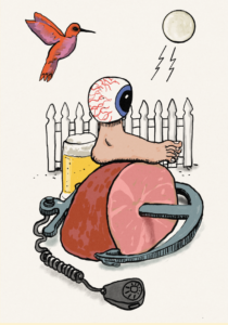 A unique drawing of a radio inserted into an actual ham, surrounded by other unique images such as a cardinal, a picket fence, a bloodshot eyeball, and a foot.